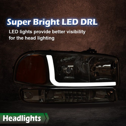 Solid Spare LED DRL Chrome Amber Headlights+Bumper Lamps Fit For 1999-2007 GMC Sierra/Yukon