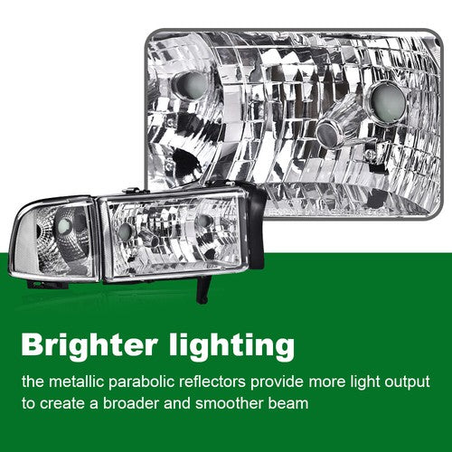 Solid Spare Clear Corner Chrome Headlights Assembly Fit For 94-02 Dodge Ram 1500 2500 3500