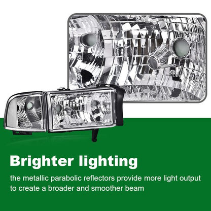 Solid Spare Clear Corner Chrome Headlights Assembly Fit For 94-02 Dodge Ram 1500 2500 3500