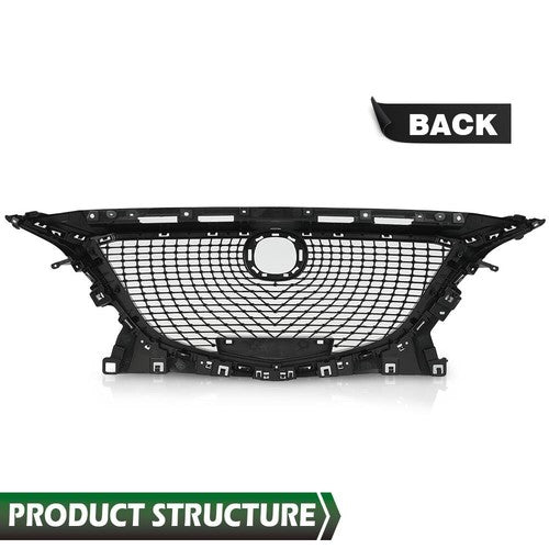 Solid Spare Fit For 14-16 Mazda 3 Front Bumper Upper Diamond Grille Grill Black Chrome