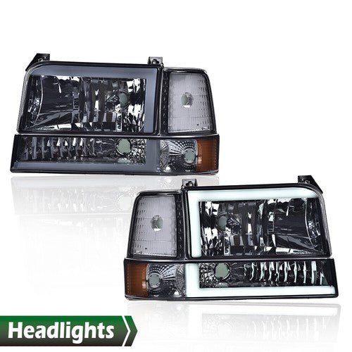 Solid Spare Fit For 1992-1996 Ford F150 F250 F350 Bronco Smoke/Chrome LED DRL Headlights
