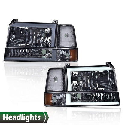 Solid Spare Fit For 1992-1996 Ford F150 F250 F350 Bronco Smoke/Chrome LED DRL Headlights