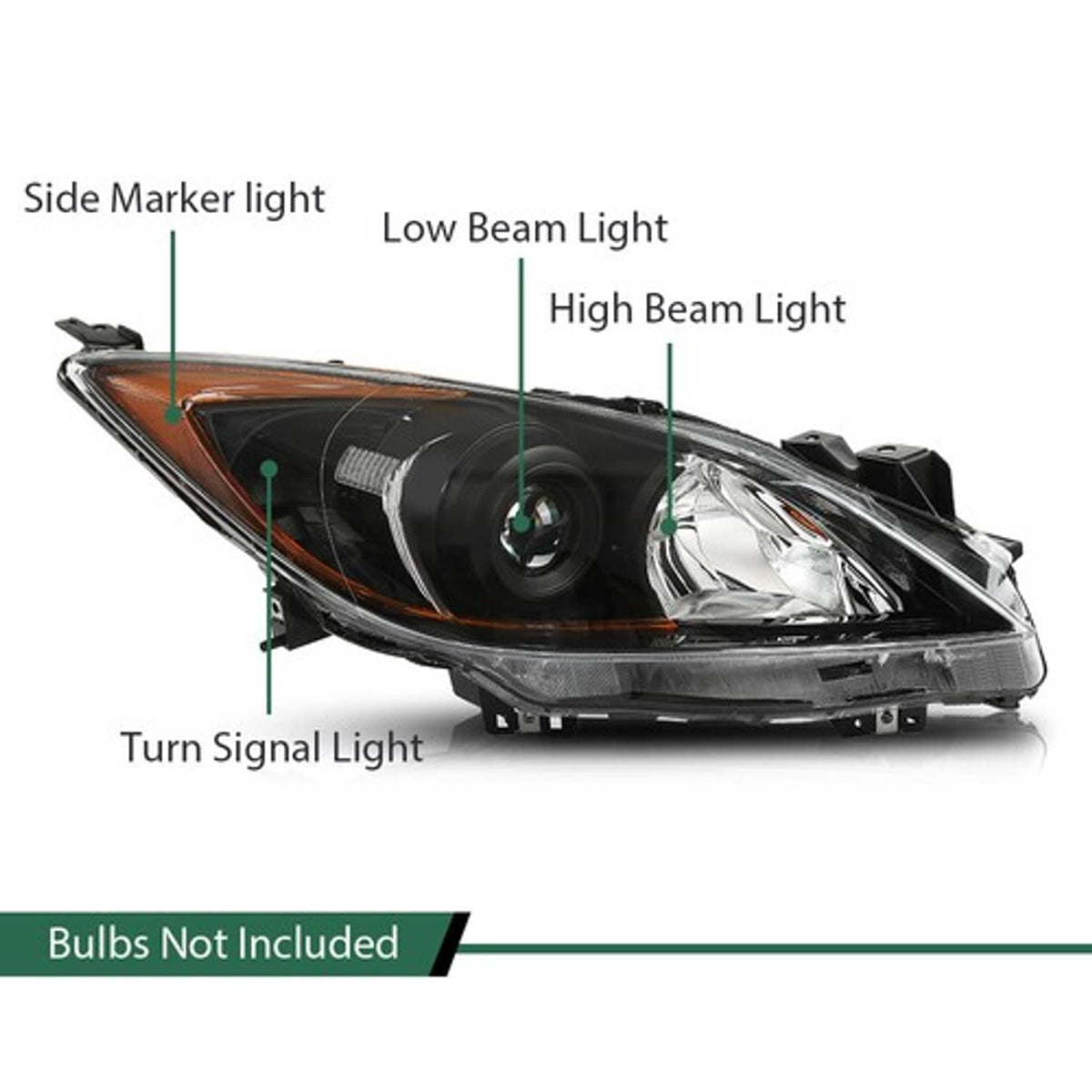 Solid Spare Fit For 10-13 Mazda 3/3 Sport Amber Corner Black Housing Projector Headlights