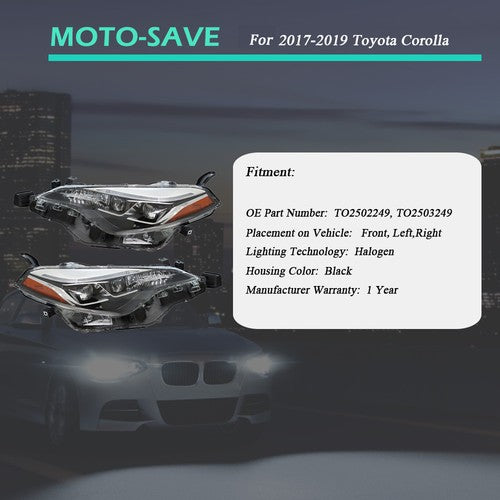 Solid Spare LH+RH Side Pair Headlight Lamps Front Black Halogen For Toyota Corolla 2017-2019