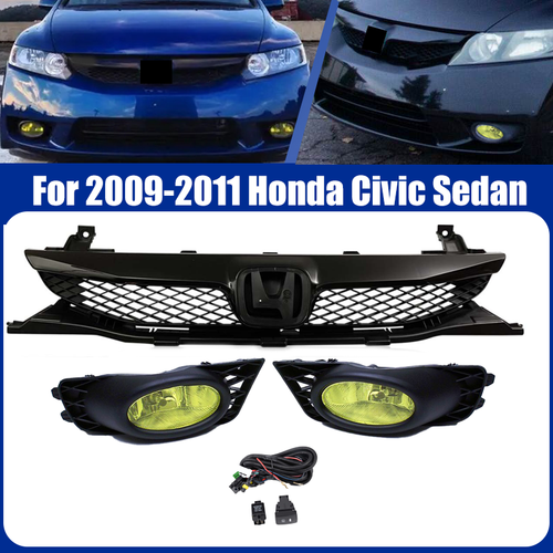 Pair Yellow Lens Fog Lights Kit & Front Bumper Grille For 09-11 Honda Civic 4Dr