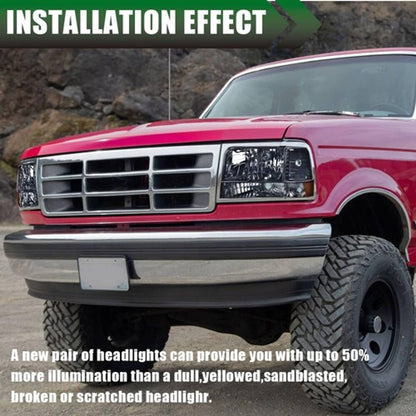 Solid Spare Fit For 92-96 Ford F150 F250 F350 Bronco Headlights w/Corner Signal Lamps Smoke