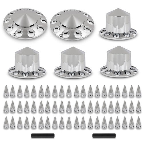 Solid Spare Chrome Hub Cover Kit 33mm Front & Rear Semi Truck Wheel Axle Covers Spiked