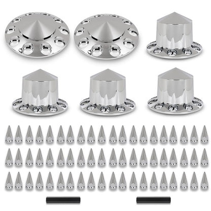 Solid Spare Chrome Hub Cover Kit 33mm Front & Rear Semi Truck Wheel Axle Covers Spiked