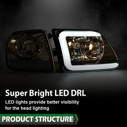 Solid Spare Chrome LED DRL Headlights+Corner Lights Fit For 97-03 Ford F150/99-02 Expedition