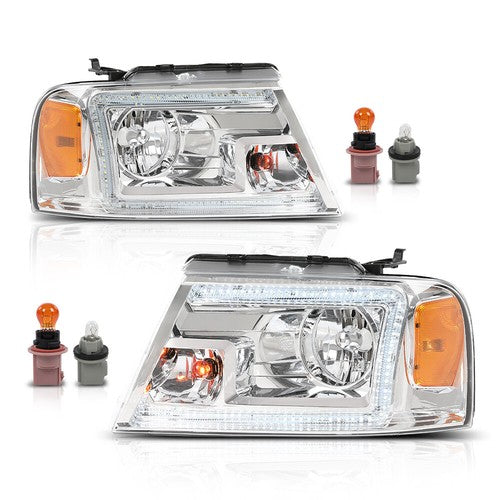 Solid Spare Fit For 2004-2008 Ford F150 Lincoln Mark LT Clear/Chrome LED Tube Headlights