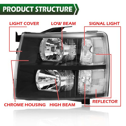 Solid Spare For 2007-2013 Chevy Silverado 1500 2500 HD Black Housing Headlights Left & Right