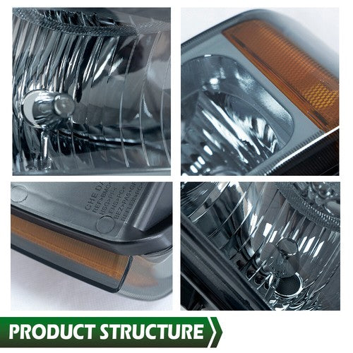 Solid Spare Fit For 2003-2007 Chevy Silverado Avalanche Headlights+Signal Bumper Lamps Smoke