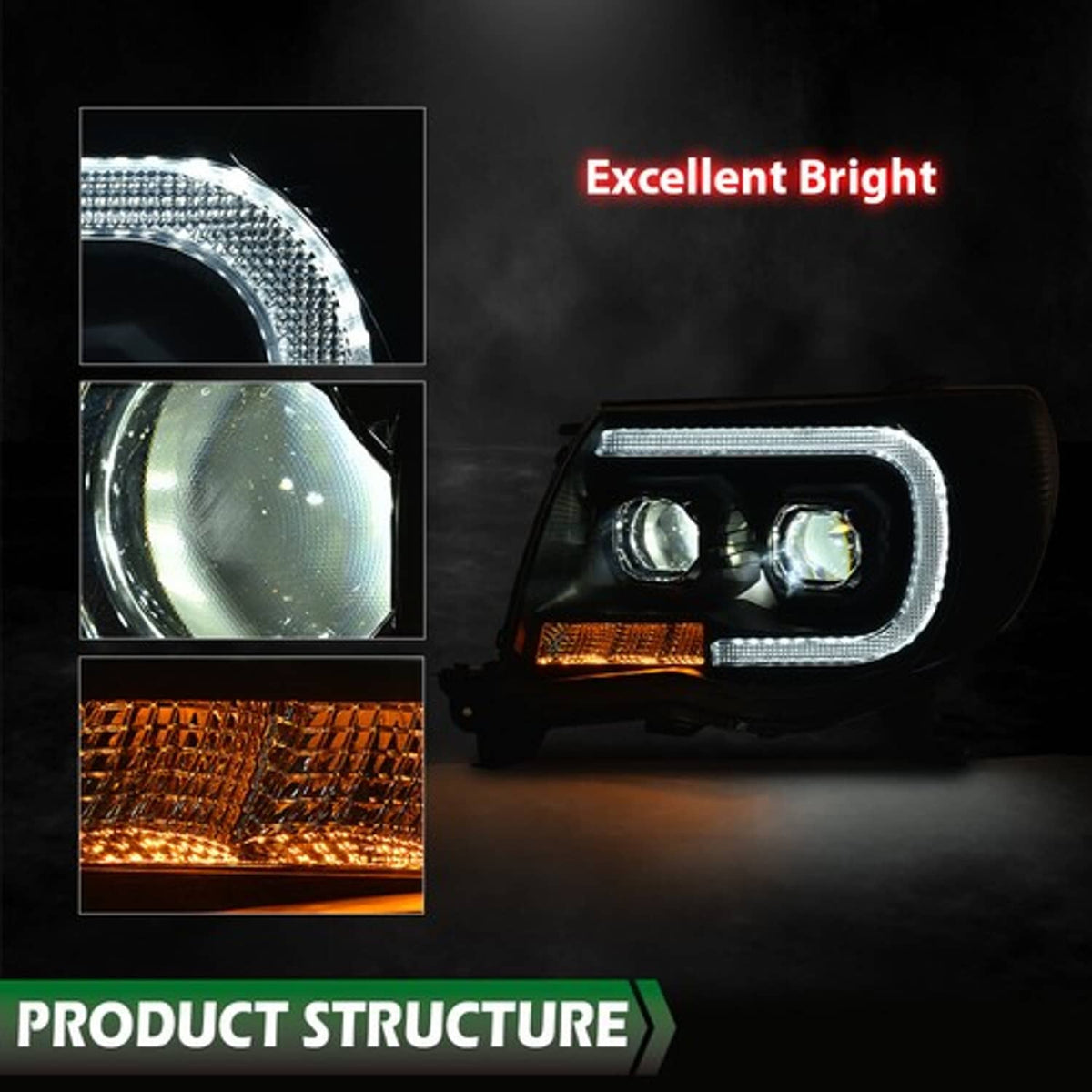 Solid Spare Fit For 2005-2011 Toyota Tacoma Clear Lens Black Dual LED Projector Headlights