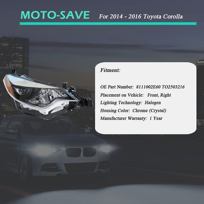 Solid Spare Headlight Headlamps Assembly Fit For Toyota Corolla 2014-2016 RH Side Clear Lens