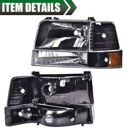Solid Spare Fit For 1992-1996 Ford F150 F250 F350 Bronco Amber Reflector Black Headlights