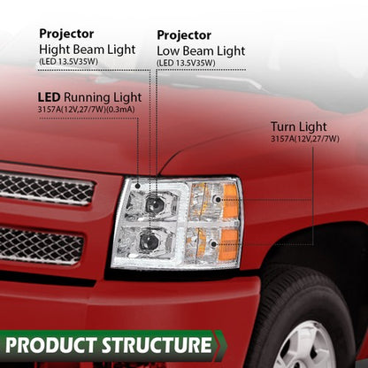 Solid Spare Fit For 07-14 Silverado 1500 2500 3500 Amber Chrome LED Projector Headlights