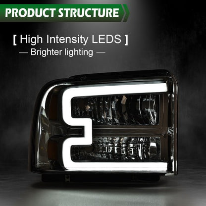 Solid Spare Fit For 05-07 Ford F250 F350 Super Duty Conversion LED DRL Headlights Chrome
