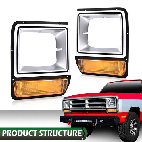 Solid Spare Pair Headlight Bezel Trim w/ Parking Turn Signal Light Fit For Dodge D/W Truck
