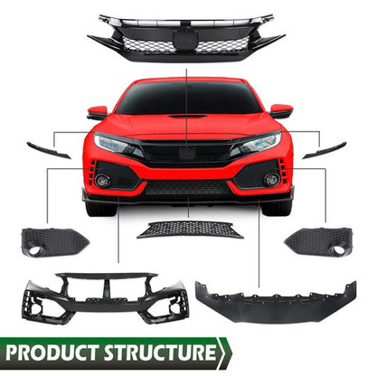 Solid Spare Fit For 2016-2021 Honda Civic Type R Style Front & Rear Bumper Cover Full Set