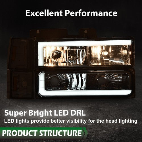 Solid Spare Fit For 94-00 GMC C10 C/K Suburban Chrome/Smoke LED DRL Headlights Bumper Lamps