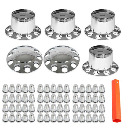 Solid Spare Semi Truck Rear & Front Chrome Wheel Axle Cover Hub Cap 33mm Lug Nuts Thread-On