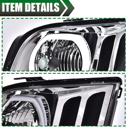 Solid Spare Fit For 2005-2009 Ford Mustang Clear Lens Chrome Halo Headlights Left+Right