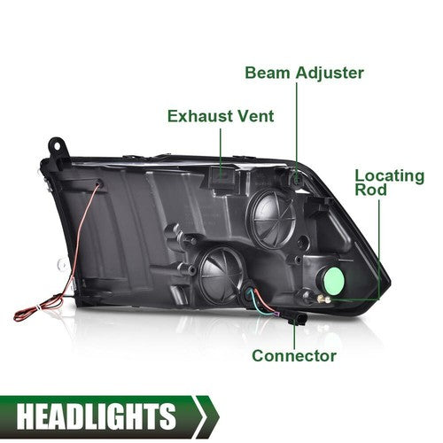 Solid Spare LED Tube Projector Headlights Smoked Fit For 2009-2018 Dodge Ram 1500 2500 3500