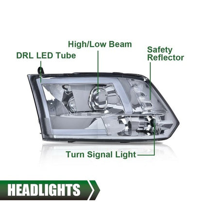 Solid Spare LED Tube Projector Headlights Smoked Fit For 2009-2018 Dodge Ram 1500 2500 3500