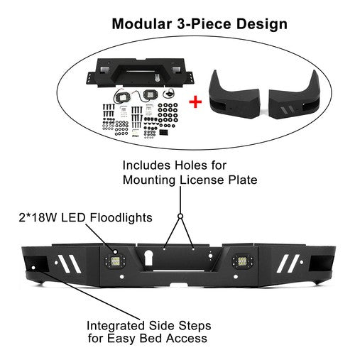 Solid Spare Rear Bumper Steel For 2010-2018 2019-2024 Ram 2500 3500 w/ LED lights Bolt Kits