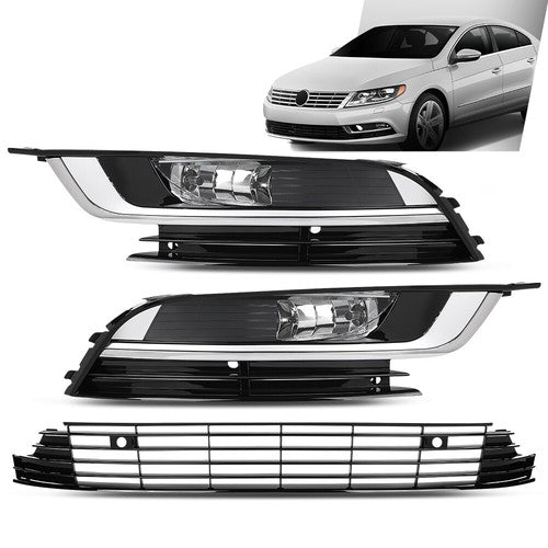 Solid Spare Fit For 2013-2017 Volkswagen CC Front Bumper Lower Grille+Fog Lights Assembly
