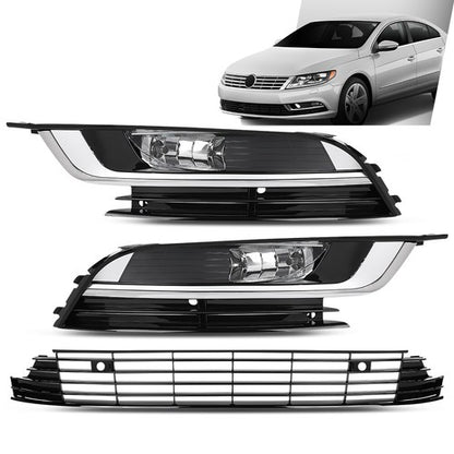 Solid Spare Fit For 2013-2017 Volkswagen CC Front Bumper Lower Grille+Fog Lights Assembly