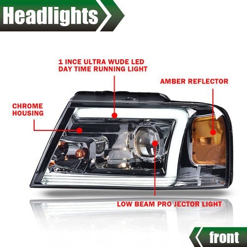 Solid Spare LED DRL Projector Headlight/lamps Chrome/Smoke Fit For 04-08 Ford F-150/Mark LT