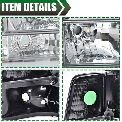 Solid Spare Chrome Headlights Bumper Corner Lamps Fit For 92-96 Ford F150 F250 F350 Bronco