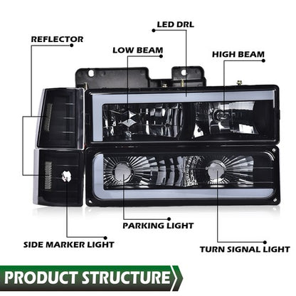 Solid Spare Fit For 88-93 Chevy C/K GMC Sierra Tahoe LED DRL Headlights Black/Smoked Lamps