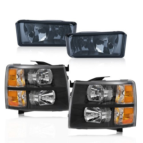 Solid Spare FIT FOR 07-13 CHEVY SILVERADO LEFT+RIGHT HEADLIGHTS +SMOKED FOG LAMPS BLACK