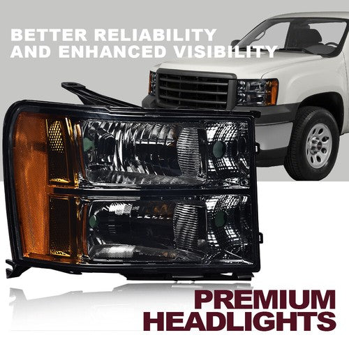 Solid Spare Fit For 2007-2014 GMC Sierra 1500 2500 3500 Smoke Lens Black Headlights