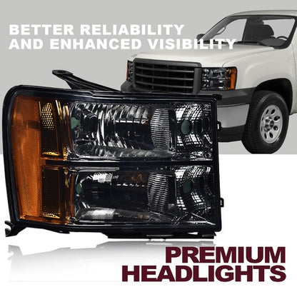 Solid Spare Fit For 2007-2014 GMC Sierra 1500 2500 3500 Smoke Lens Black Headlights