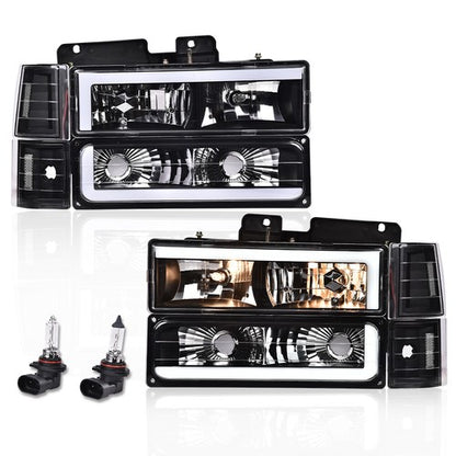 Solid Spare LED DRL Headlights+Bumper Lamps Black Fit For 94-98 GMC C/K Sierra Suburban