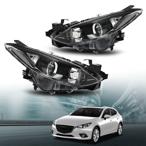 Solid Spare Fit For 2014-2016 Mazda 3 Clear/Black Projector Headlights Assembly Left+Right