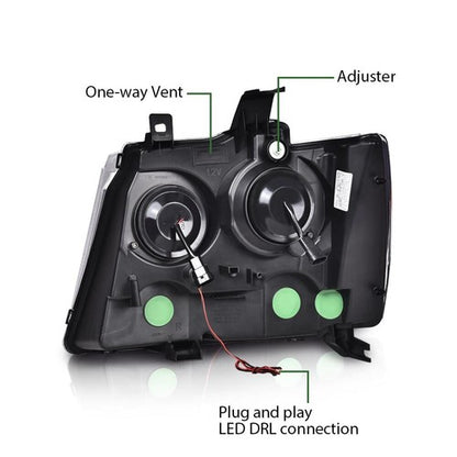 Solid Spare Fit For 07-14 Chevy Avalanche Tahoe Suburban Dual LED Projector Headlights Black