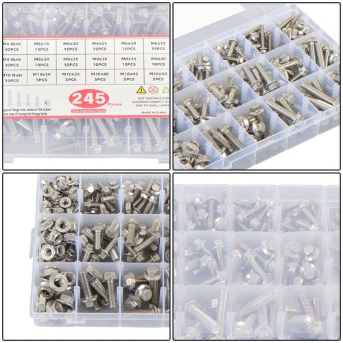 Solid Spare 245 Pcs Heavy Duty Flanged Bolts And Nuts Kit M6 M8 M10 Stainless Steel