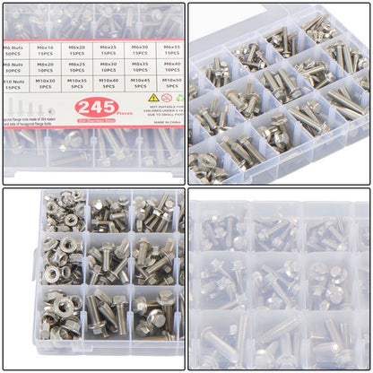 Solid Spare 245 Pcs Heavy Duty Flanged Bolts And Nuts Kit M6 M8 M10 Stainless Steel