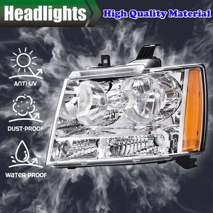 Solid Spare Headlights Assembly Fit For 07-14 Chevy Tahoe Suburban Avalanche Chrome Amber