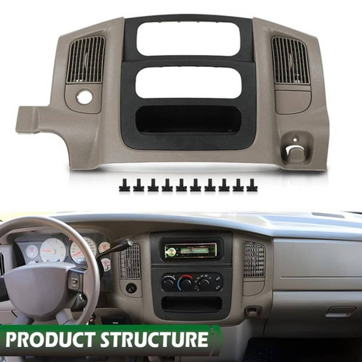 Solid Spare Fit For 02-05 Dodge Ram Dash Radio Bezel Climate Trim Panel Vents Storage Beige