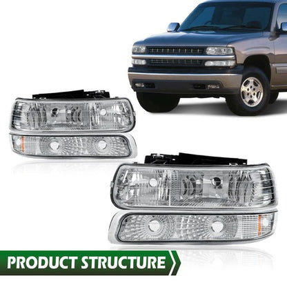 Solid Spare Factory Style Headlights Bumper Fit For 99-2002 Chevy Silverado 1500 2500 3500