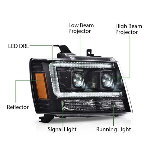 Solid Spare Fit For 07-14 Chevy Avalanche Tahoe Suburban Dual LED Projector Headlights Black