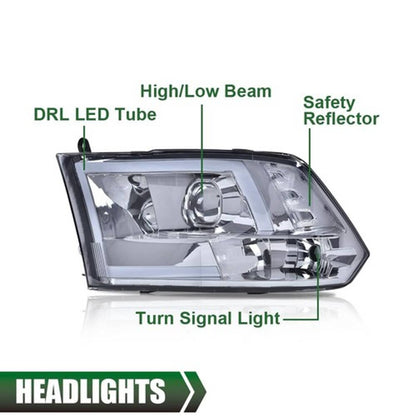 Solid Spare Smoke Lens LED DRL Projector Headlights Fit For 09-18 Dodge Ram 1500 2500 3500