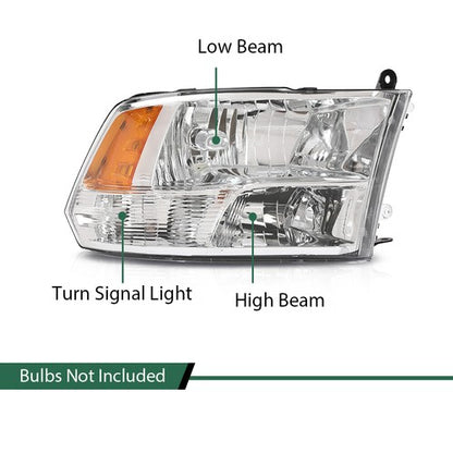 Solid Spare Fit For 09-18 Ram 1500 2500 3500 Quad Chrome Housing Amber Corner Headlights