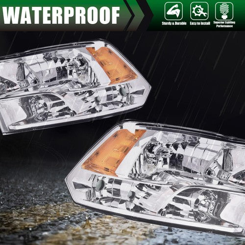 Solid Spare Chrome Quad Amber Headlights For 2009-2018 Dodge Ram 1500 2500 3500 Headlamps