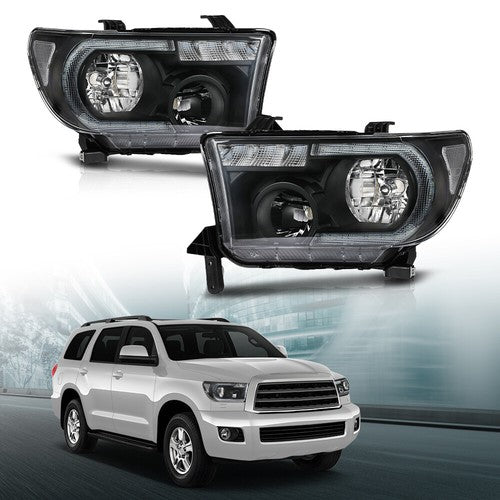 Solid Spare Fit For 07-13 Toyota Tundra 08-17 Sequoia Black/Clear LED Tube Headlights